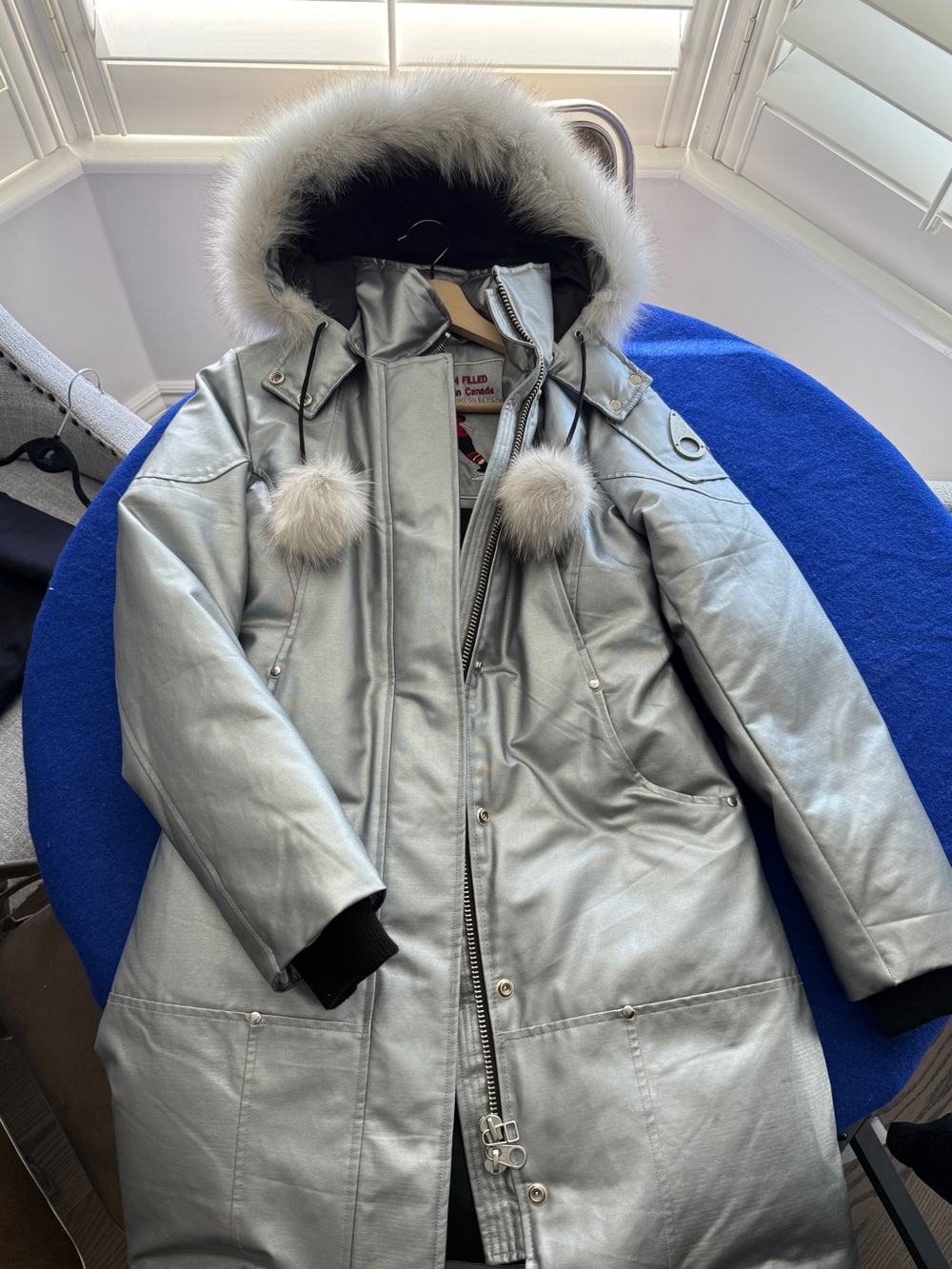 Metallic Silver Faux-Fur Trim Parka Coat
